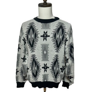 Vintage Saturdays Sweater Mens Large Black Gray Aztec Tribal‎ Pullover